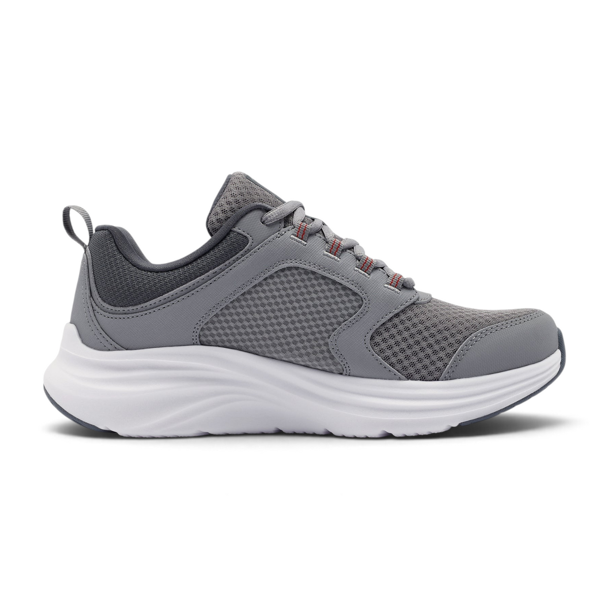 FRG Skechers Vapor Foam Newmatic grey mesh running shoe with white cushioned sole and red lace eyelet details
