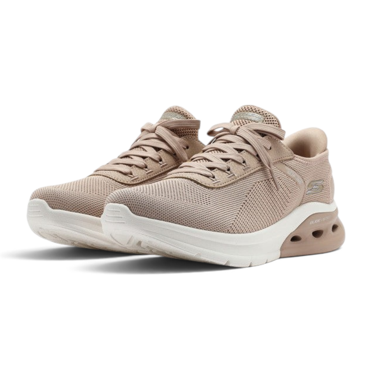 FRG Skechers BOBS ARC WAVES 2.0 tan slip-on sneakers with lightweight mesh upper and responsive white cushioned sole