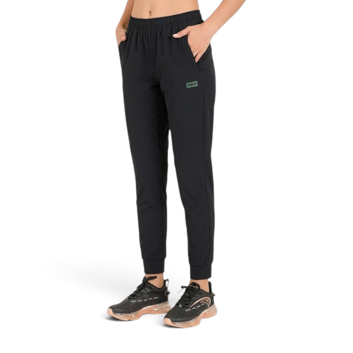 FRG ANTA black knit ankle pants with a comfortable elastic waistband and side pockets for active wear.