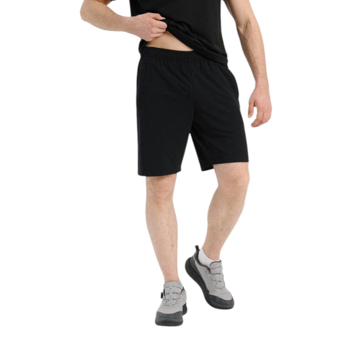 FRG Anta men's black knit training shorts with a regular fit, worn by a model against a white background.