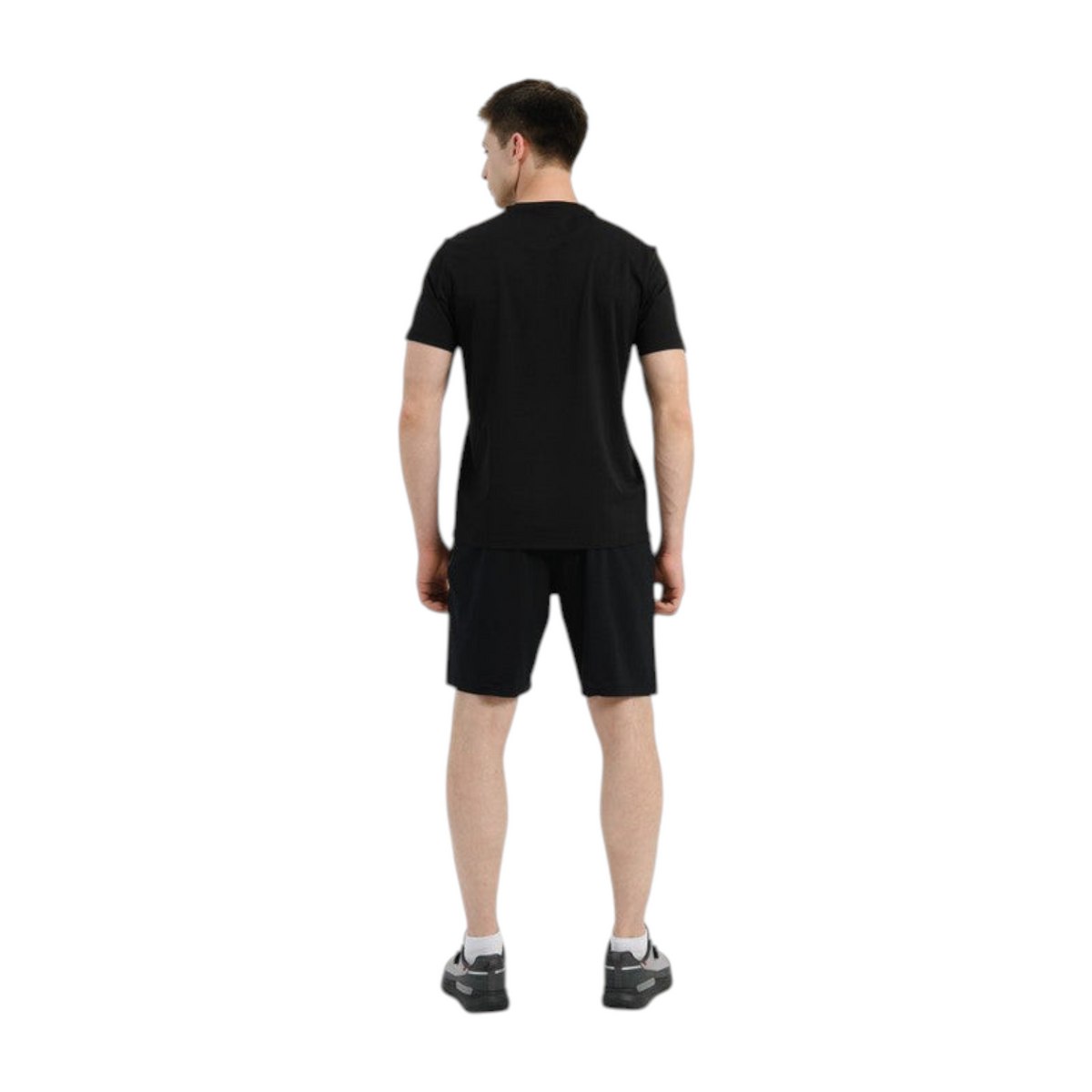 FRG Anta men's black knit training shorts worn by a model from the back view, featuring a regular fit.