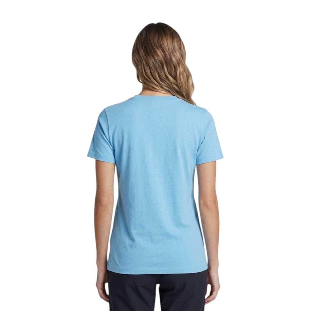 Back view of a woman wearing a FRG ANTA spring water blue cotton-blend short sleeve basketball t-shirt