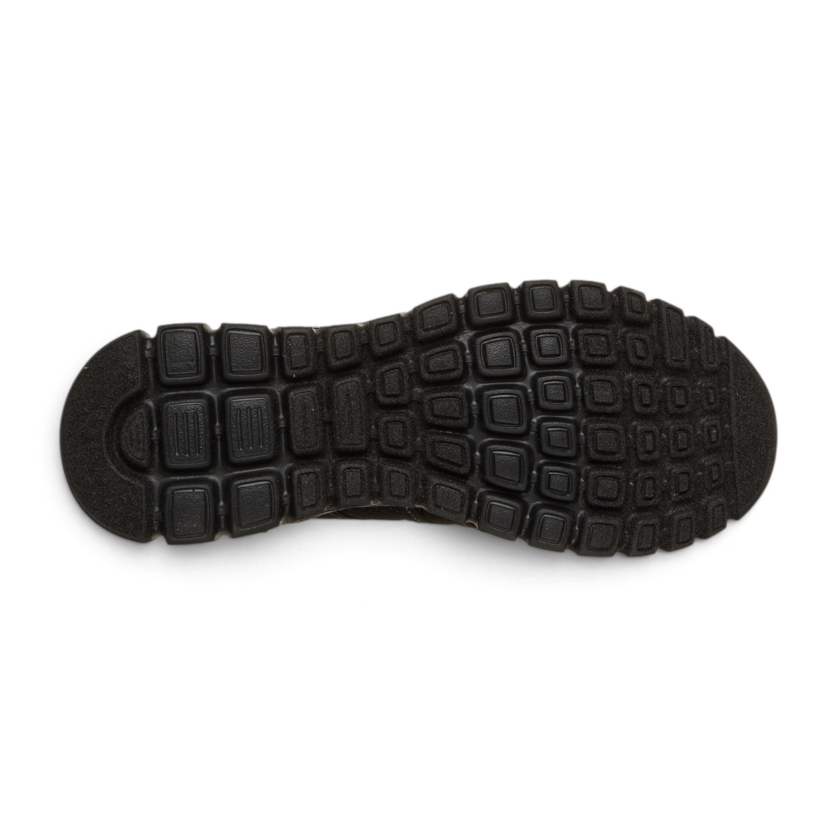 Black rubber outsole of FRG SKECHERS Street Tres-Air Uno - Vision-Airy sneaker with a textured grid tread pattern.