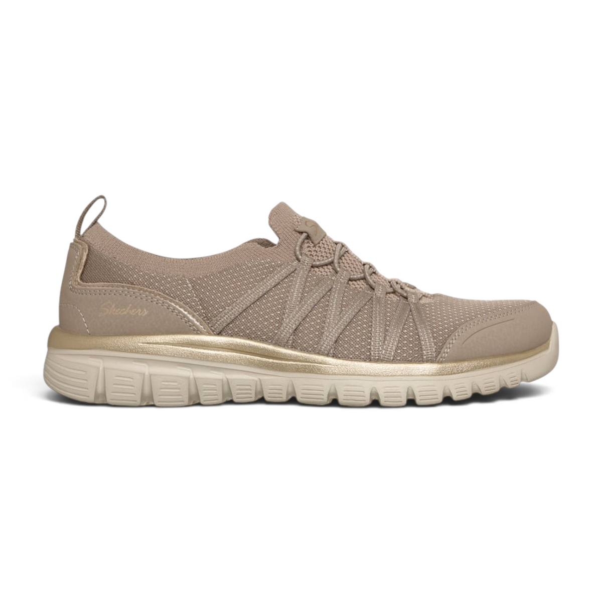 FRG Skechers Graceful Purecrush taupe and gold vegan slip-on sneaker with stretch laces and memory foam cushioning