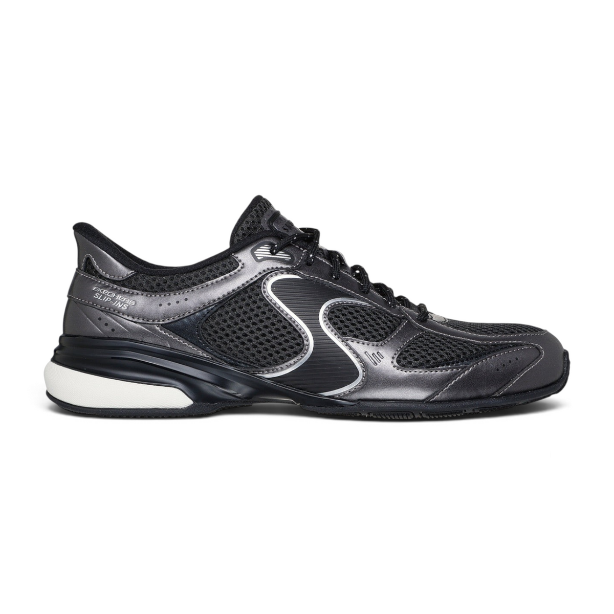 FRG Skechers Slip-ins Exhilarate sneaker in black and grey with metallic overlays and breathable mesh upper