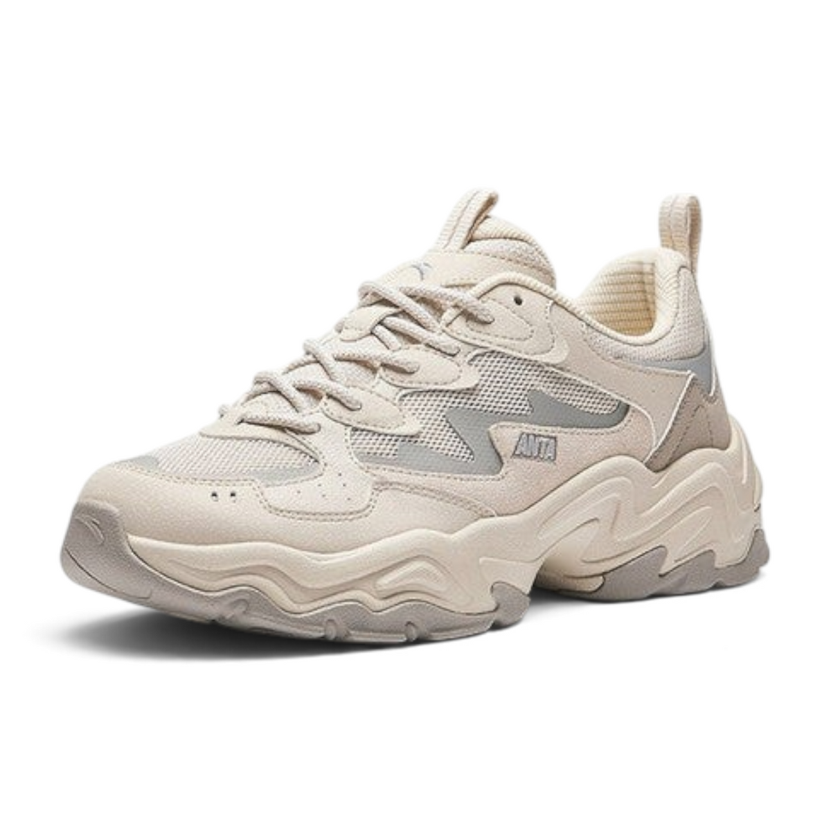 FRG ANTA Meteorolite chunky casual sneakers in light grey, smoke grey, and silver with mesh and suede details.