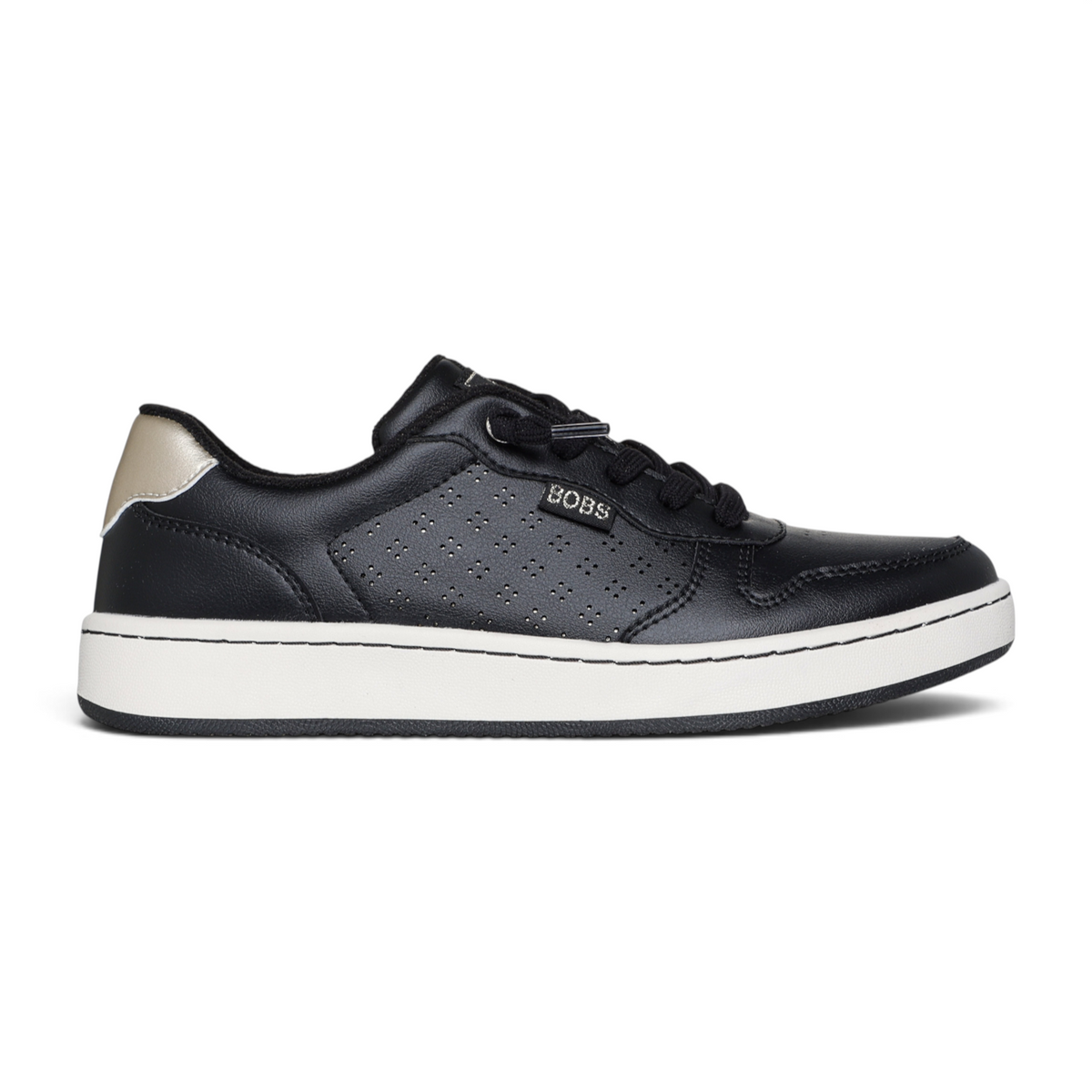 FRG BOBS from Skechers B Cute Court Luxe Kicks in black duraleather with metallic heel and memory foam insole