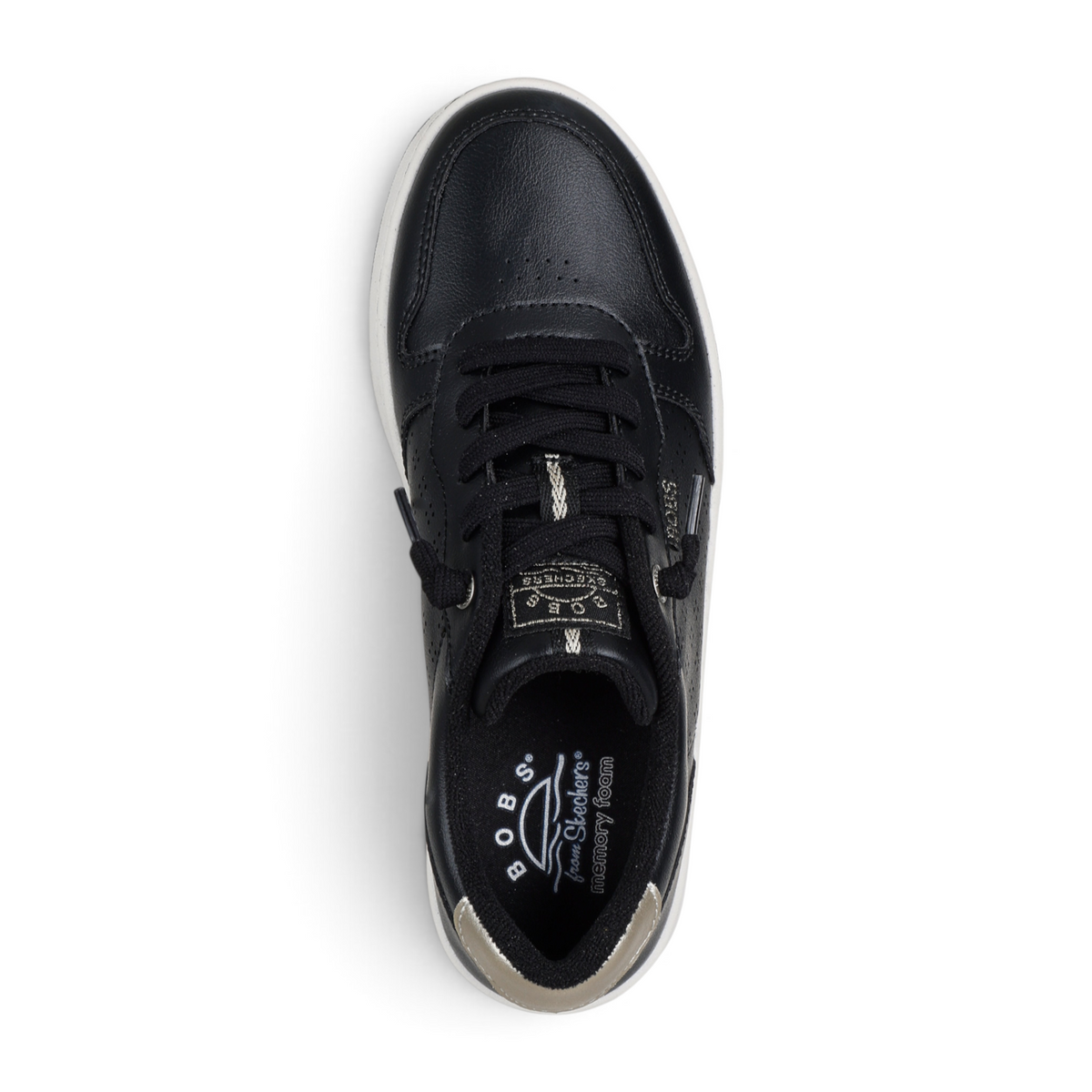 FRG BOBS from Skechers B Cute Court Luxe Kicks in black duraleather with metallic heel detail and memory foam insole