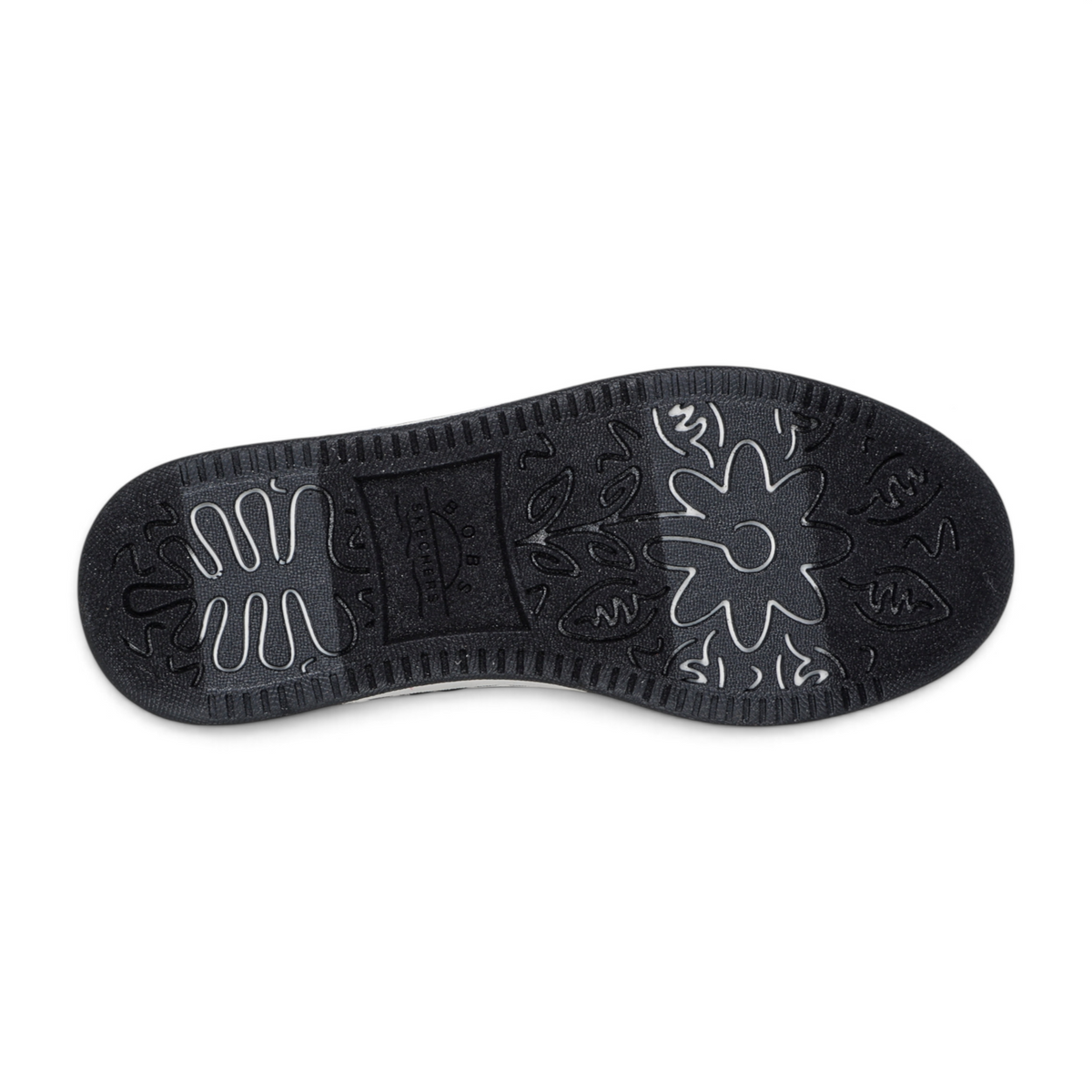 FRG BOBS from Skechers B Cute Court Luxe Kicks black rubber sneaker outsole with floral and leaf tread pattern