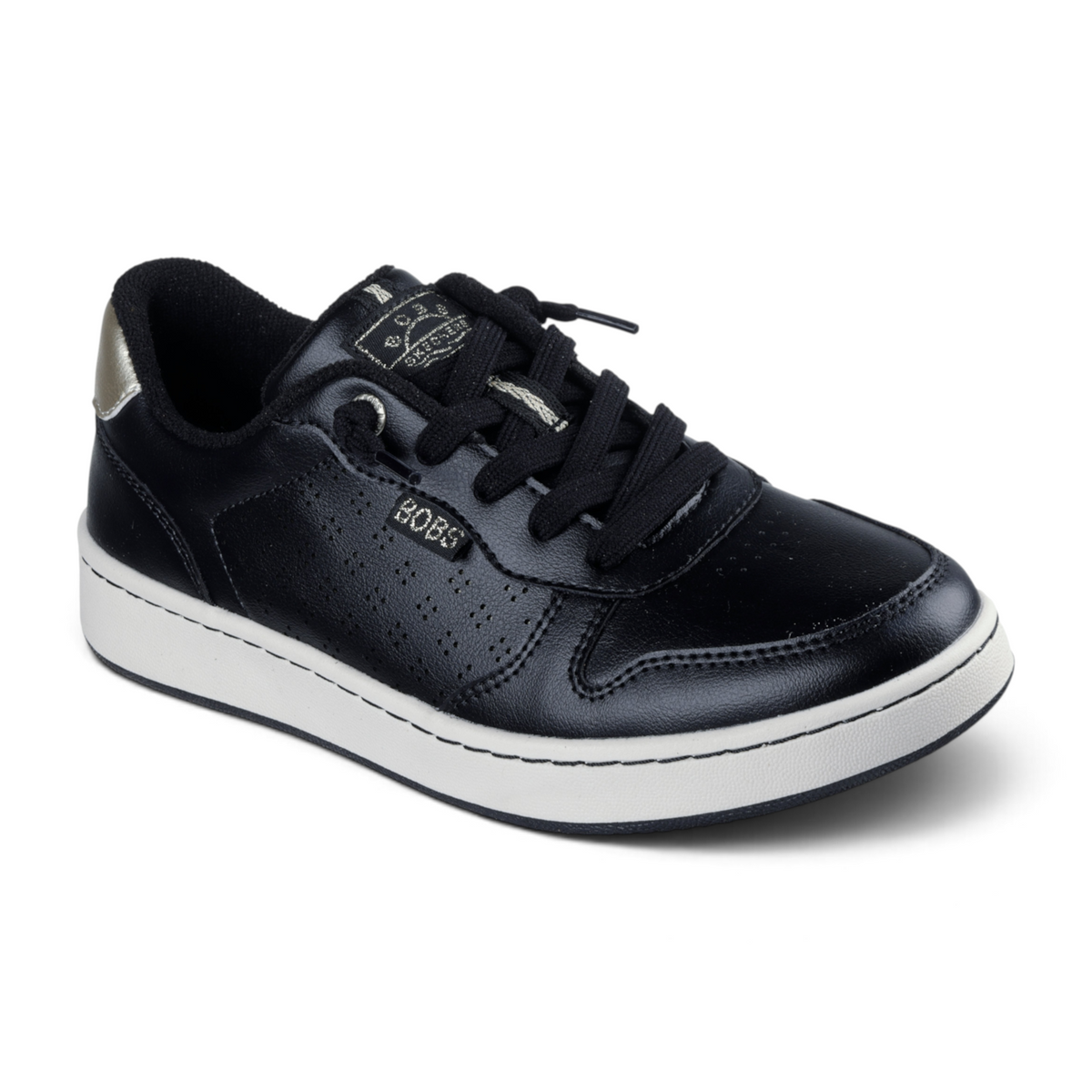 FRG BOBS from Skechers B Cute Court Luxe Kicks in black duraleather with metallic heel detail and memory foam insole.
