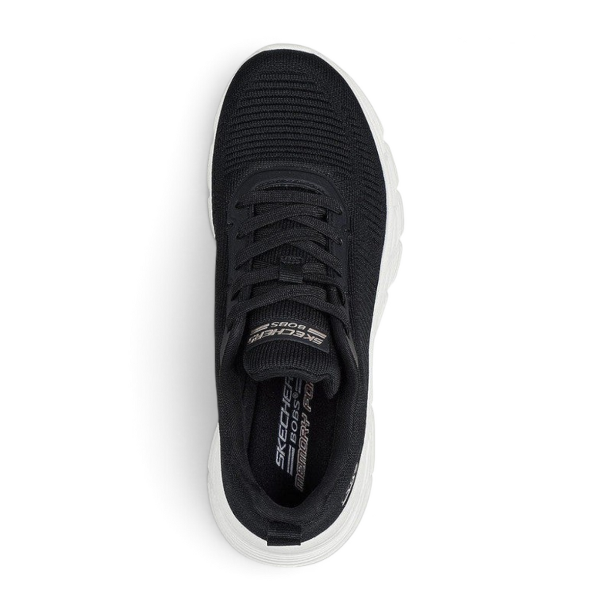 FRG Skechers BOBS Sport B Flex high-top sneaker in black knit with white memory foam sole, top-down view.