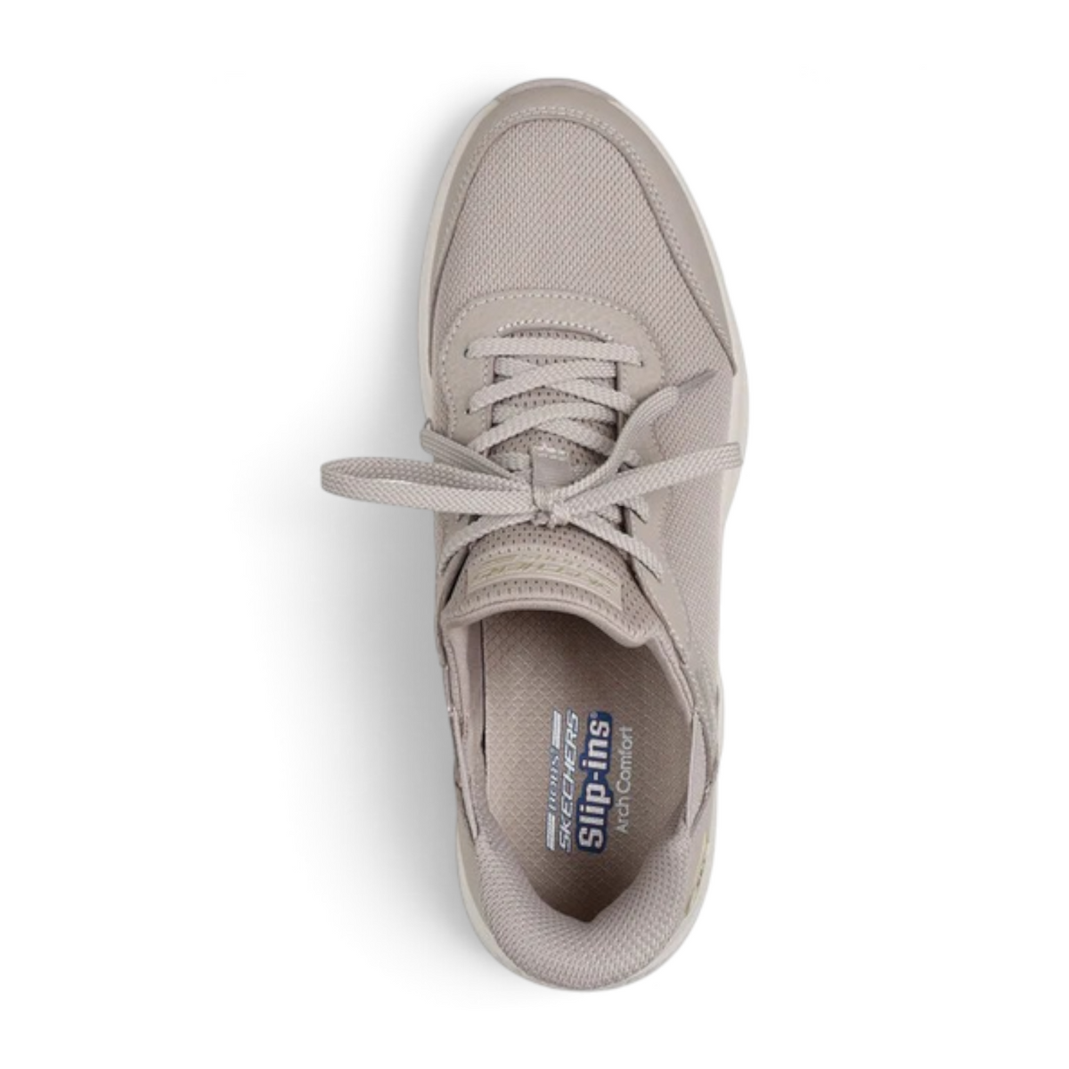 FRG Skechers BOBS Arch Comfort taupe slip-on sneaker with breathable mesh upper and cushioned insole, top view.