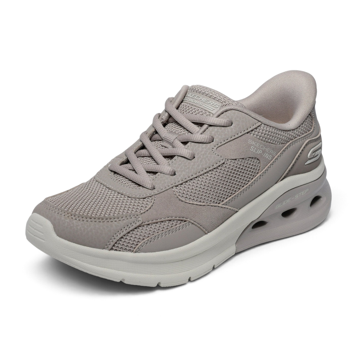 FRG Skechers BOBS Arc Waves 2.0 slip-in sneaker in taupe with mesh and synthetic upper and cushioned Glide-Step sole.