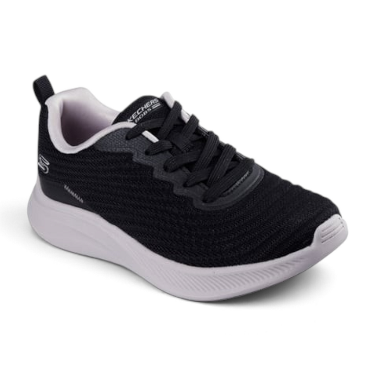FRG BOBS MODA FLEX black athletic sneakers with a white cushioned sole and breathable mesh upper for daily comfort.