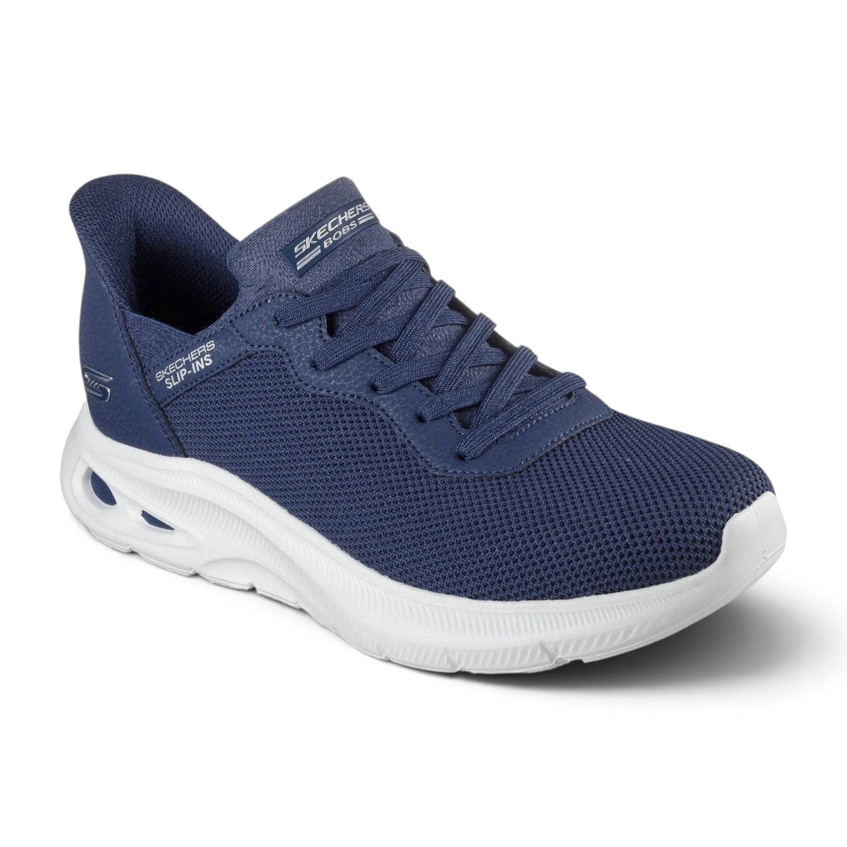 FRG BOBS UNITY navy blue mesh slip-in sneakers with white cushioned soles and lace-up detail