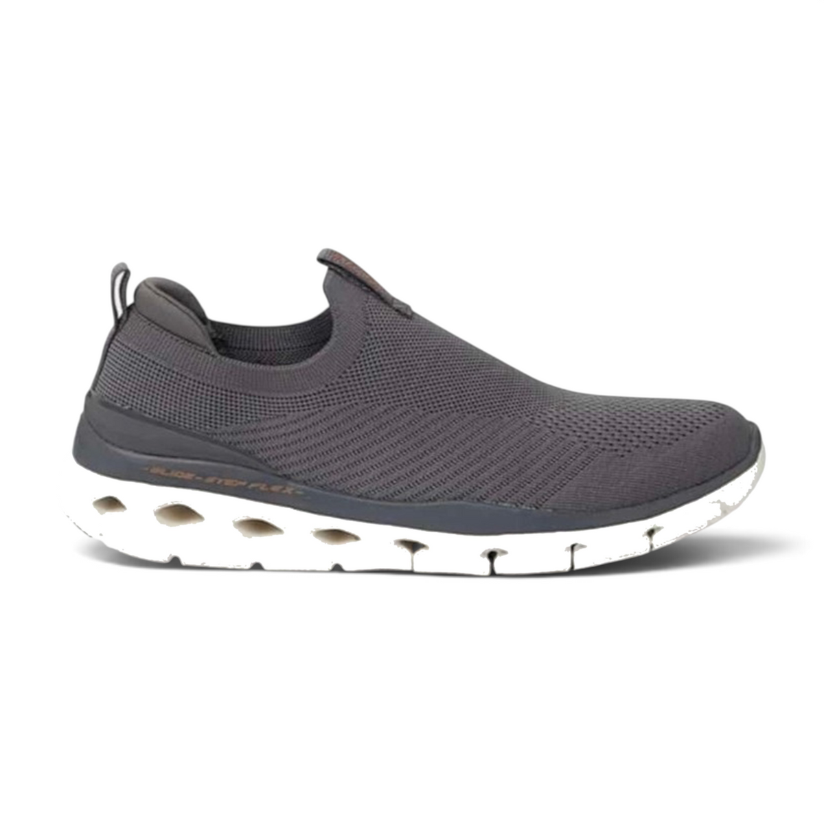 FRG GLIDE-STEP FLEX charcoal grey slip-on sneaker with a breathable knit upper and white cushioned geometric sole