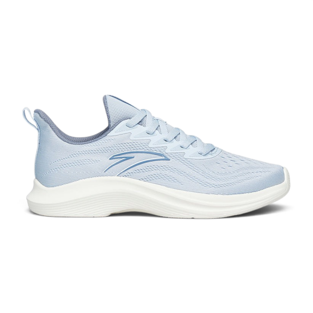 FRG running shoes in light blue mesh with a white cushioned sole, side view