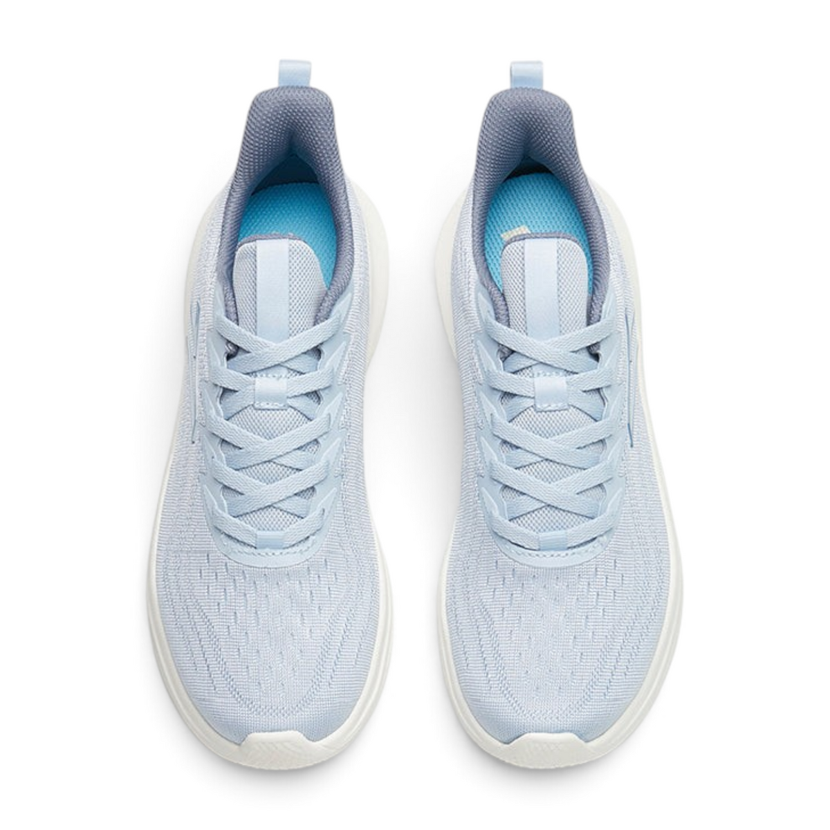 FRG running shoes in light blue mesh with white soles, top-down view of athletic sneakers