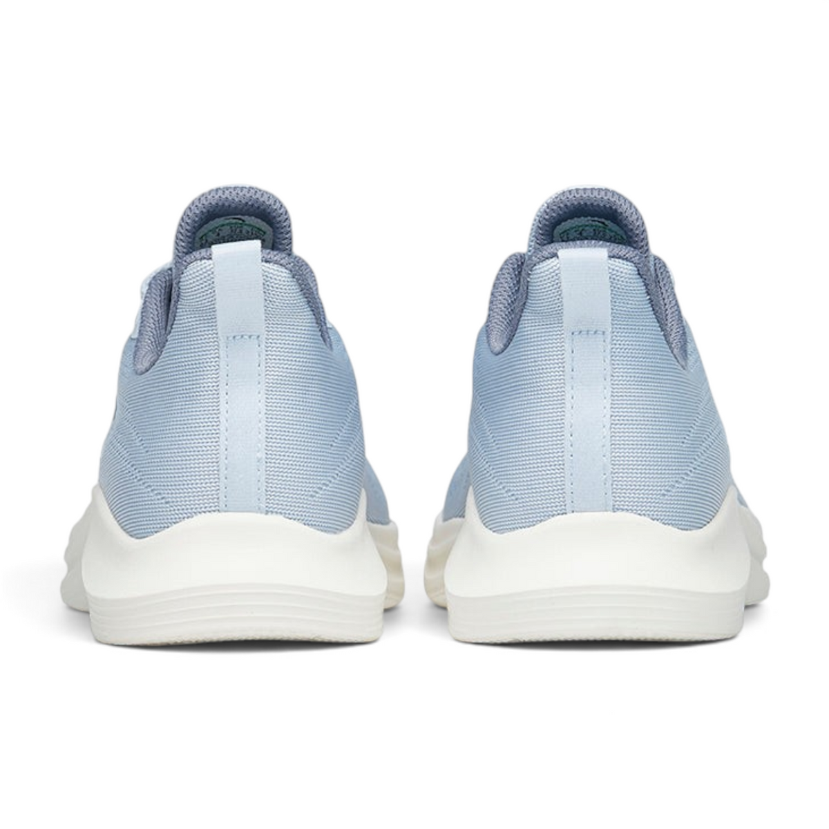 Back view of FRG light blue running shoes with white cushioned soles and breathable mesh fabric