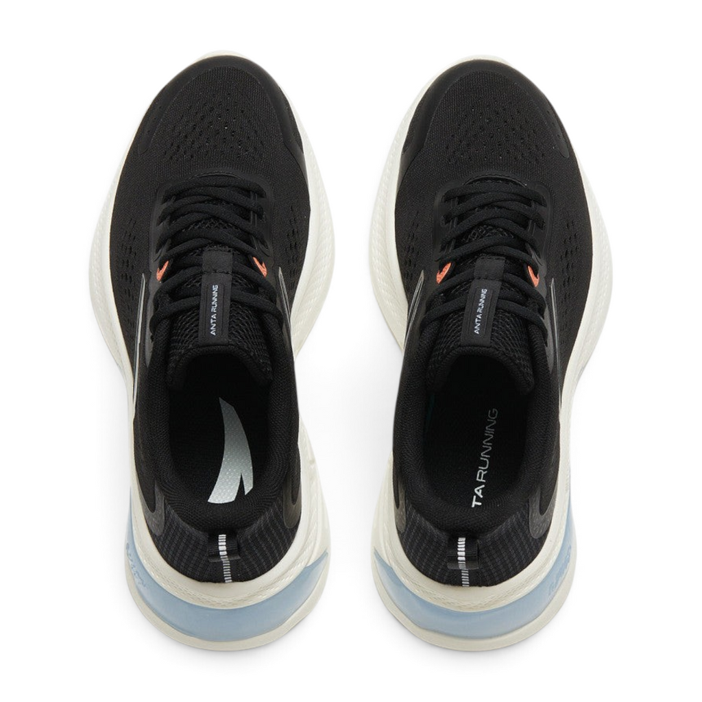 FRG ANTA A-JELLY black running shoes with breathable mesh upper and cushioned midsole, top-down view.