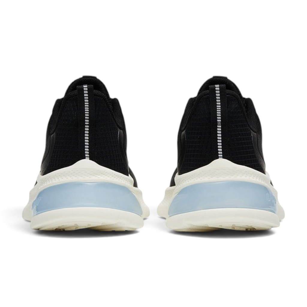 FRG ANTA A-JELLY black running shoes, rear view showing breathable mesh, TPU support, and translucent heel cushioning.