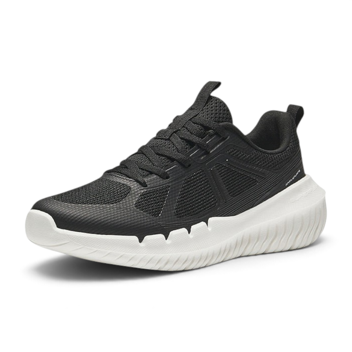 FRG black mesh cross-training shoes with a thick white textured sole for athletic performance and support.