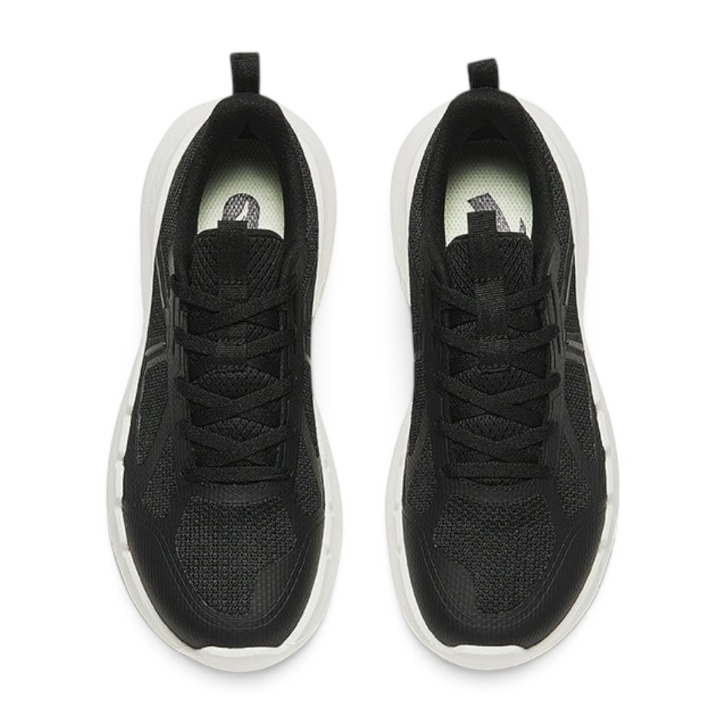 FRG cross-training shoes in black with breathable mesh upper and white cushioned soles, top-down view.