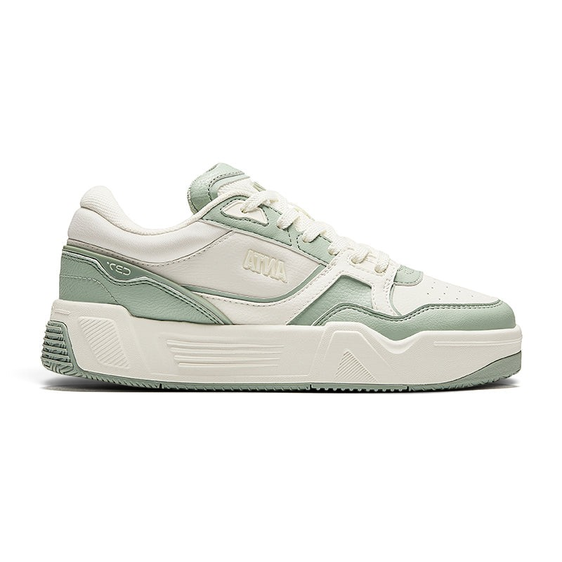 FRG X-GAME SHOES in sage green and off-white leather with a chunky platform sole and side logo detail
