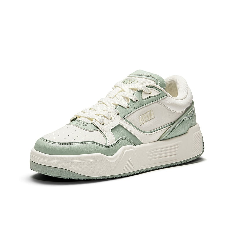 FRG X-GAME SHOES in sage green and white leather with a chunky platform sole and lace-up closure