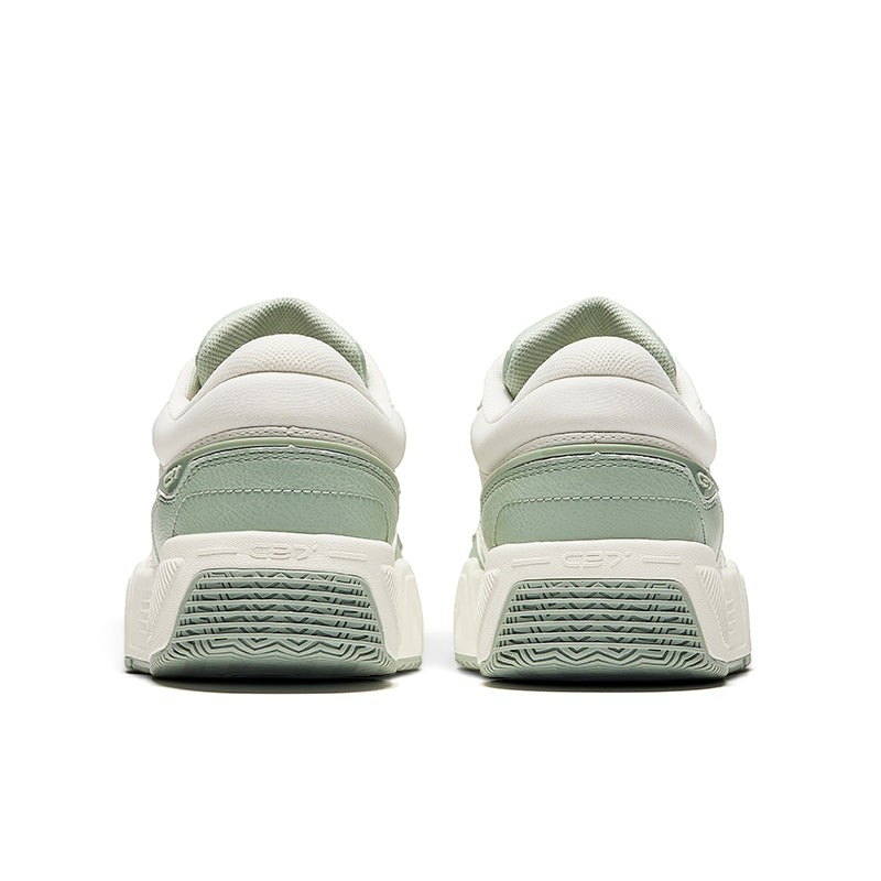 Back view of FRG X-GAME SHOES in sage green and white with a chunky textured rubber sole