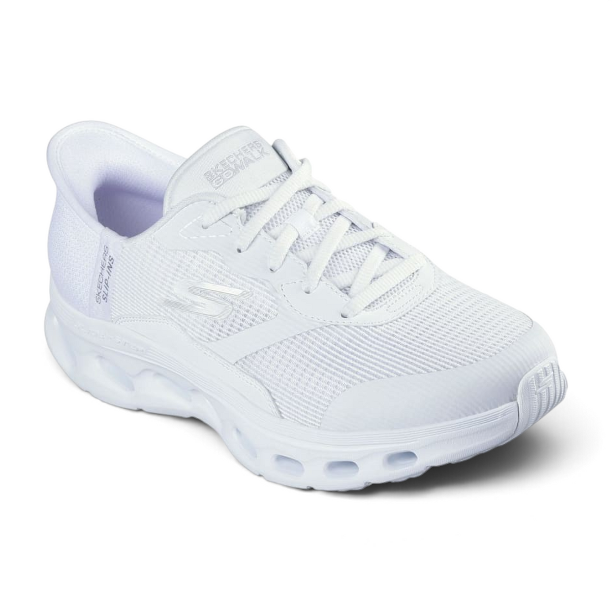 FRG Skechers GO Walk Glide-Step 2.0 Belah white athletic slip-on sneaker with breathable mesh and cushioned midsole.