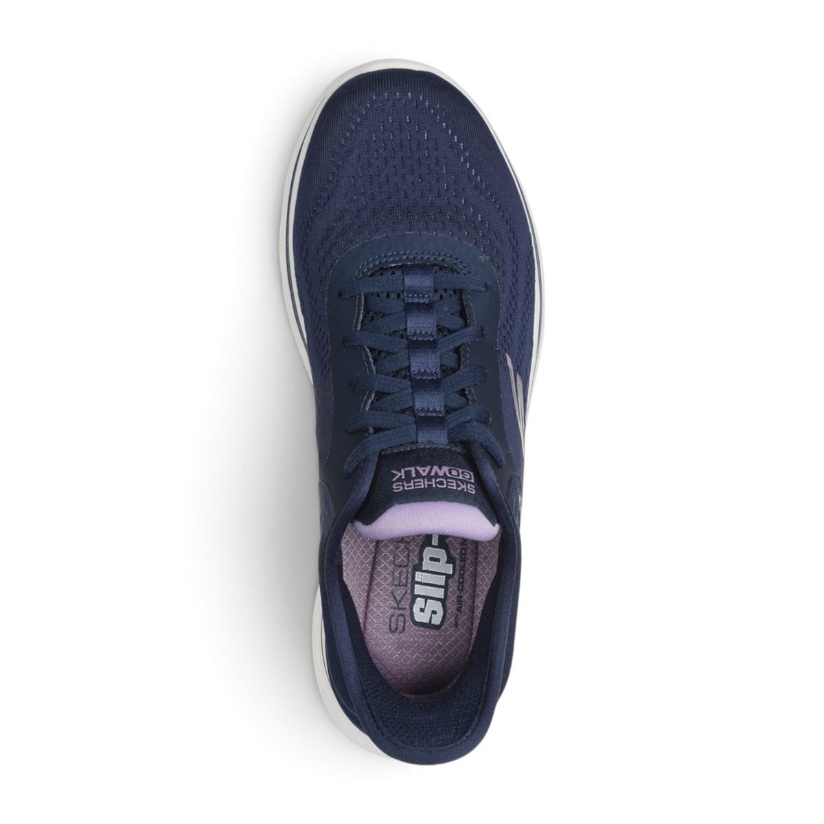 FRG Skechers Slip-ins Go Walk 7 Valin navy blue mesh walking shoe with white sole and lavender interior lining