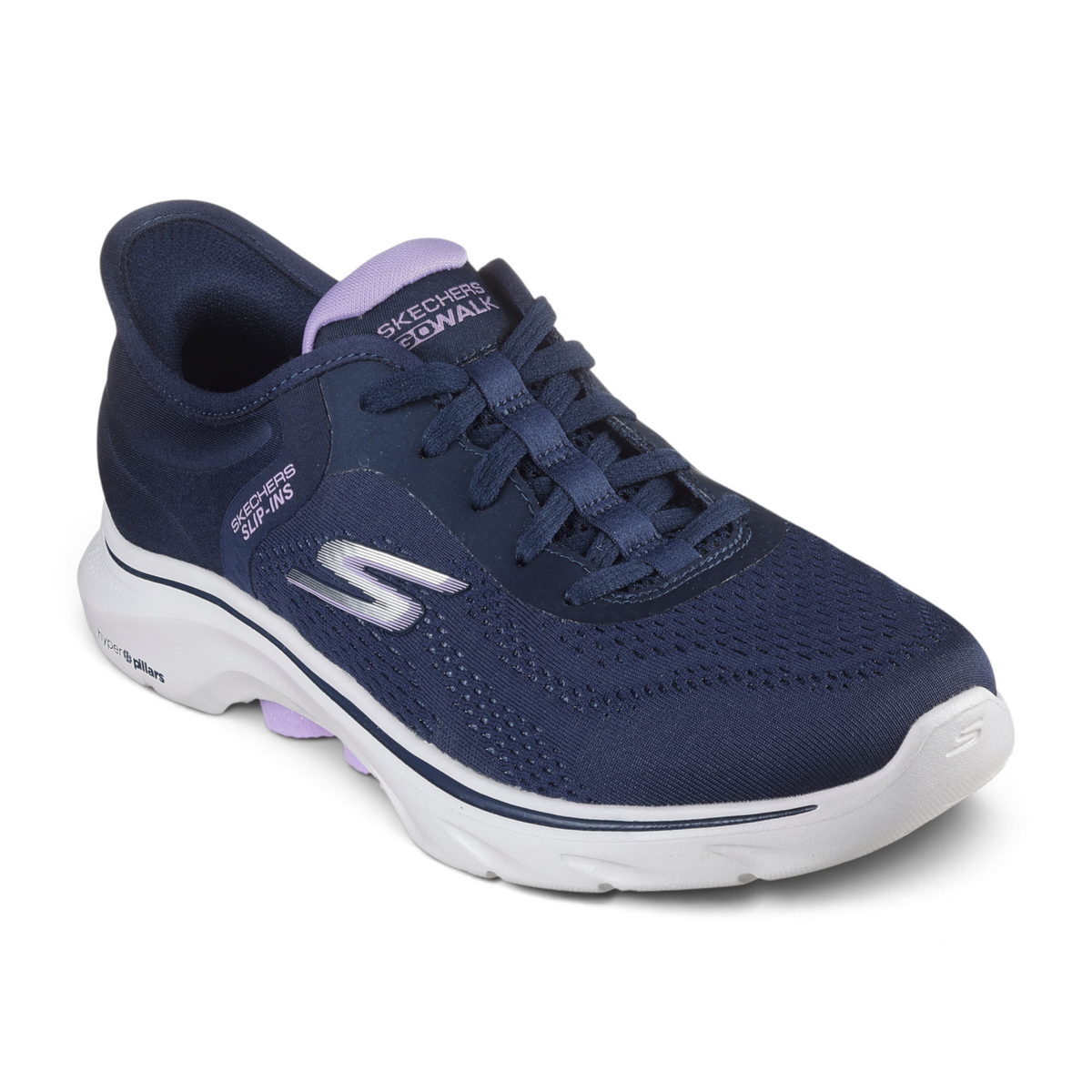 FRG Skechers Slip-ins Go Walk 7 Valin navy blue athletic walking shoe with white sole and lavender accents