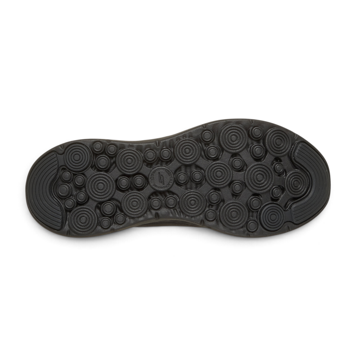 Black FRG GO WALK NOW ELIANA shoe outsole featuring a circular traction pattern for enhanced grip and flexibility.