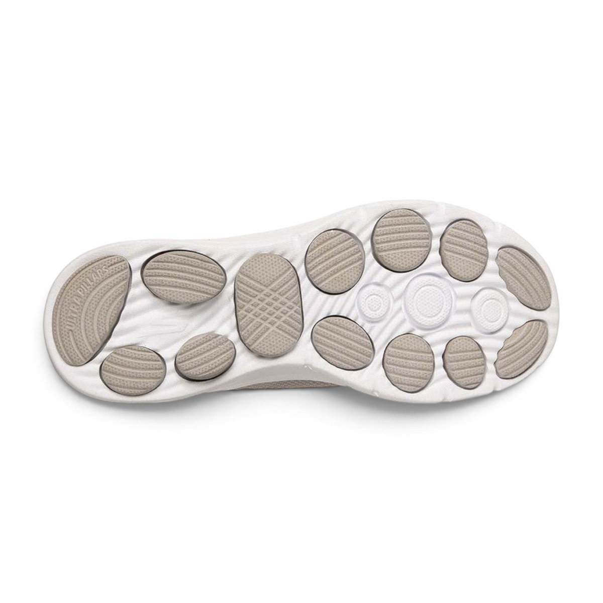 FRG Skechers GO WALK 8 Jackie taupe walking shoe showing the white and taupe Ultra Pillars outsole tread pattern