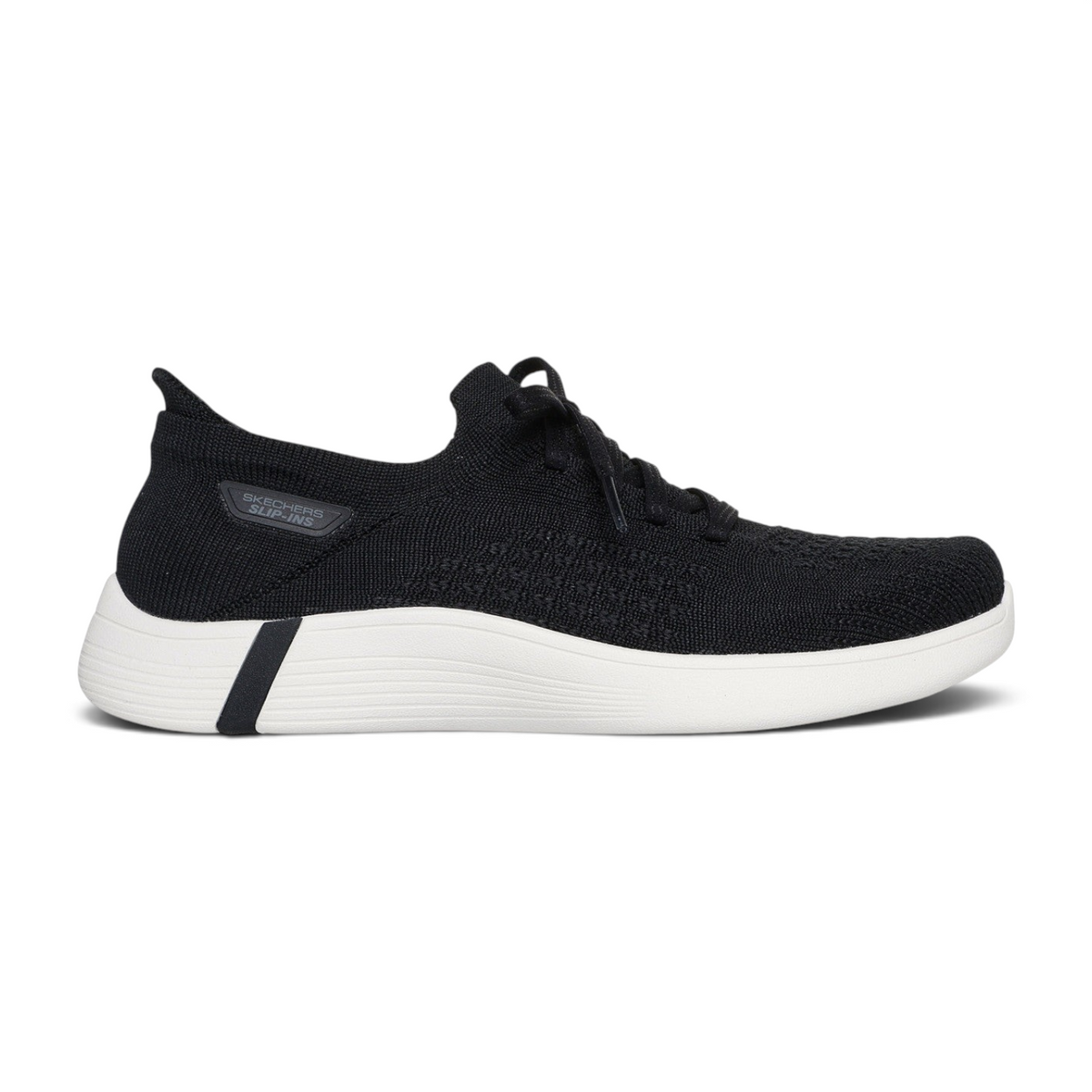 FRG Skechers ON-THE-GO Swift black stretch knit sneaker with white cushioned sole and decorative laces