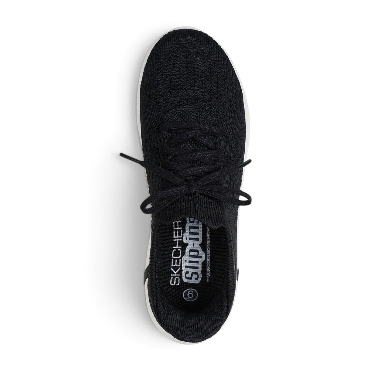 FRG Skechers ON-THE-GO Swift black stretch knit sneaker with white sole and decorative laces, top view