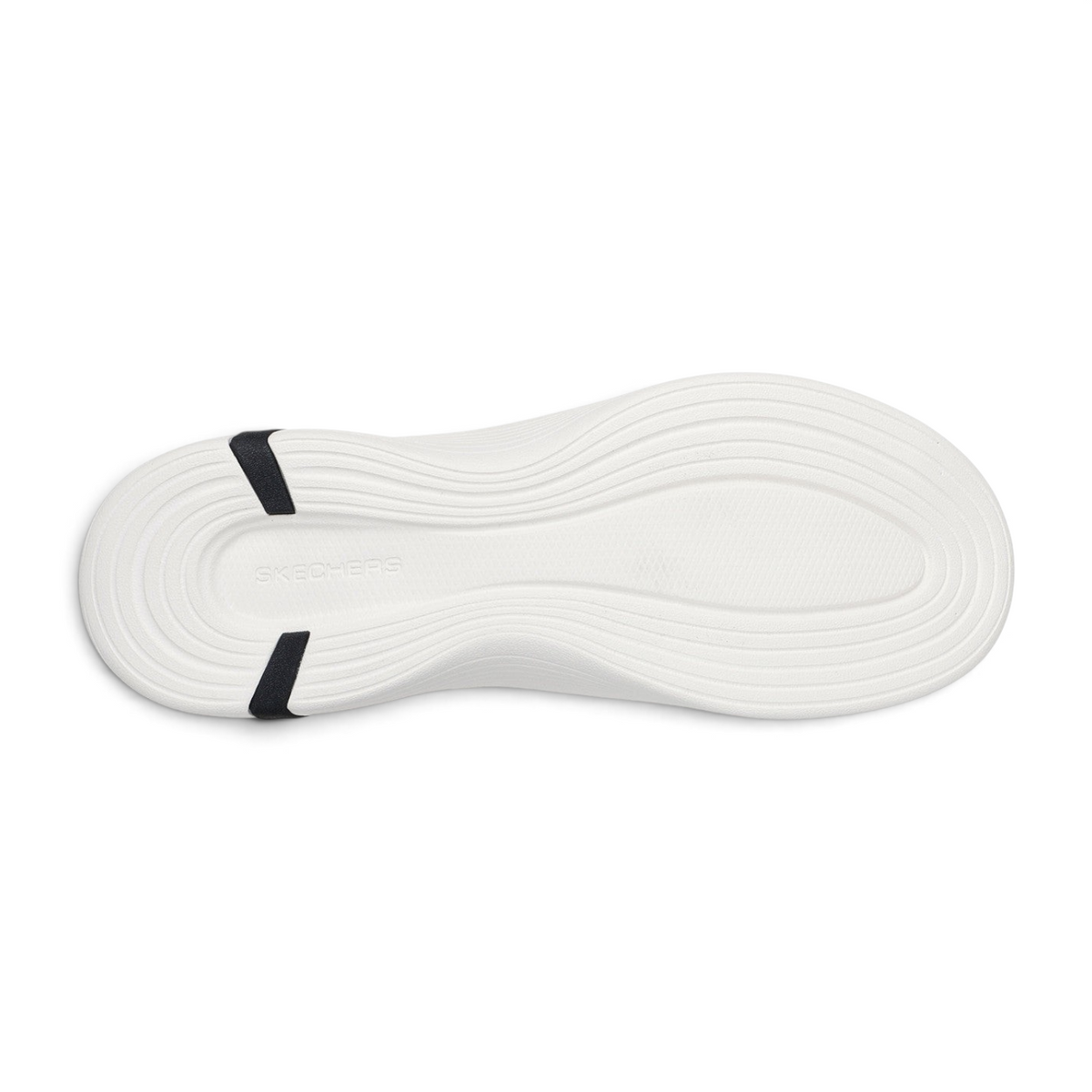 FRG Skechers ON-THE-GO Swift sneaker white cushioned outsole with black heel detail viewed from the bottom
