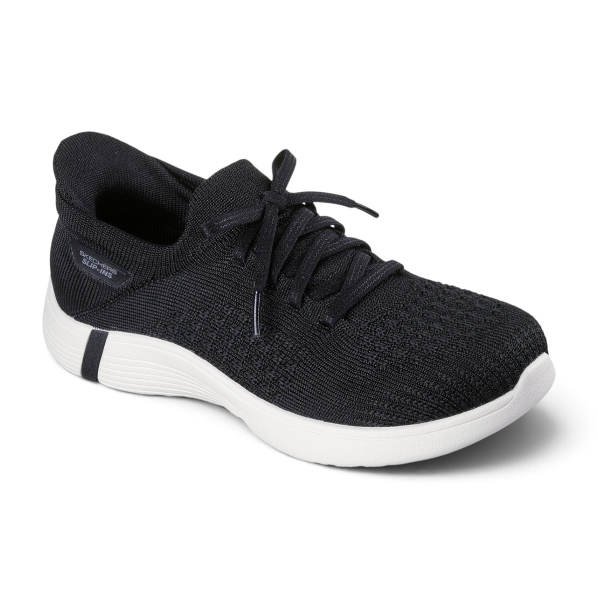 FRG Skechers ON-THE-GO Swift black stretch knit sneaker with white cushioned sole and decorative laces