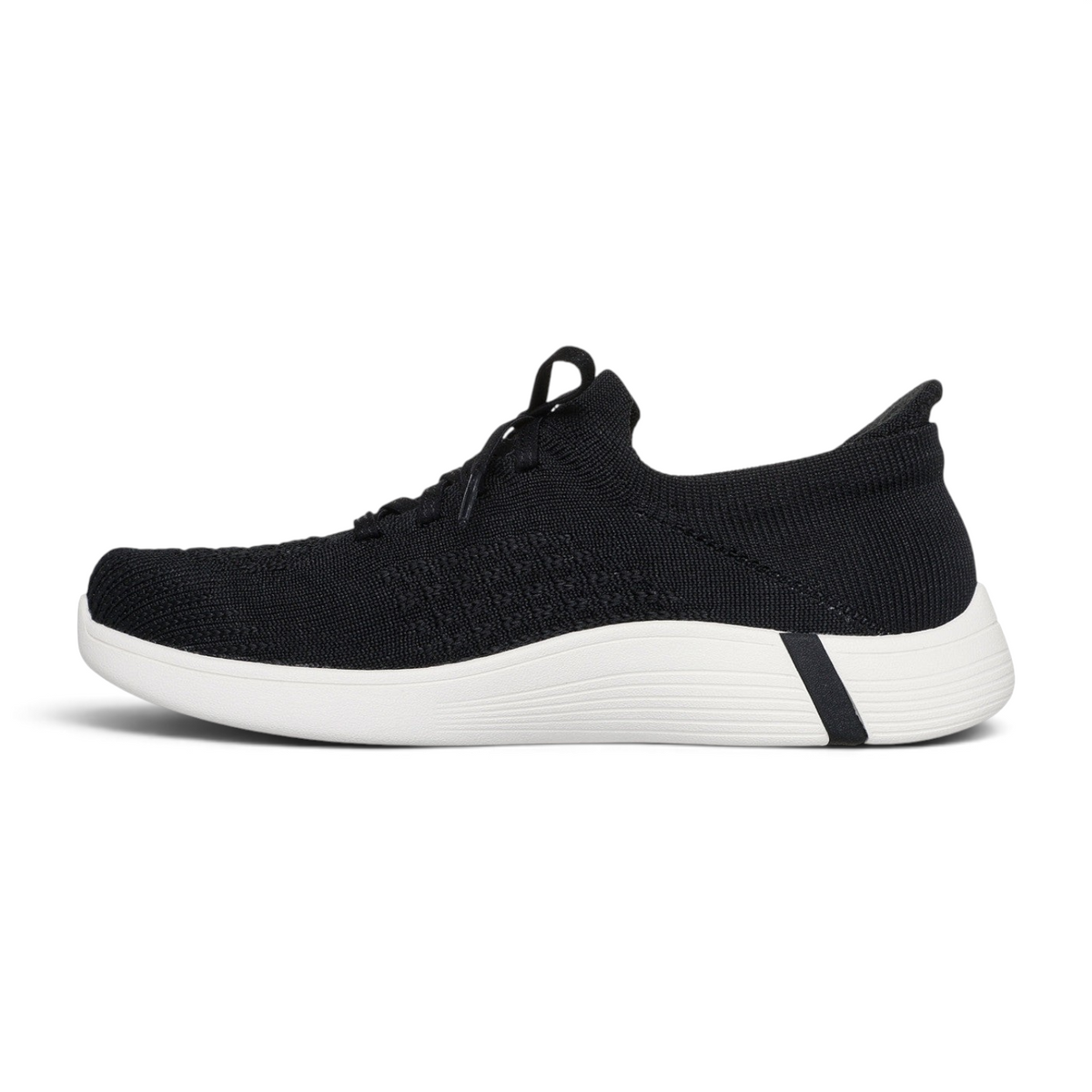 FRG Skechers ON-THE-GO Swift black stretch knit sneaker with white cushioned sole and decorative laces