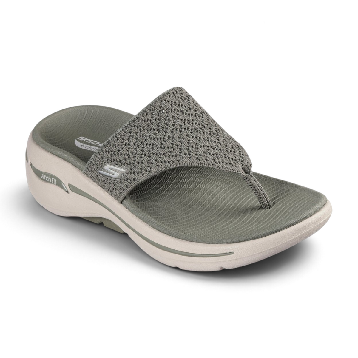 FRG Skechers GO WALK Arch Fit Weekender olive green knit mesh thong sandal with contoured cushioned footbed