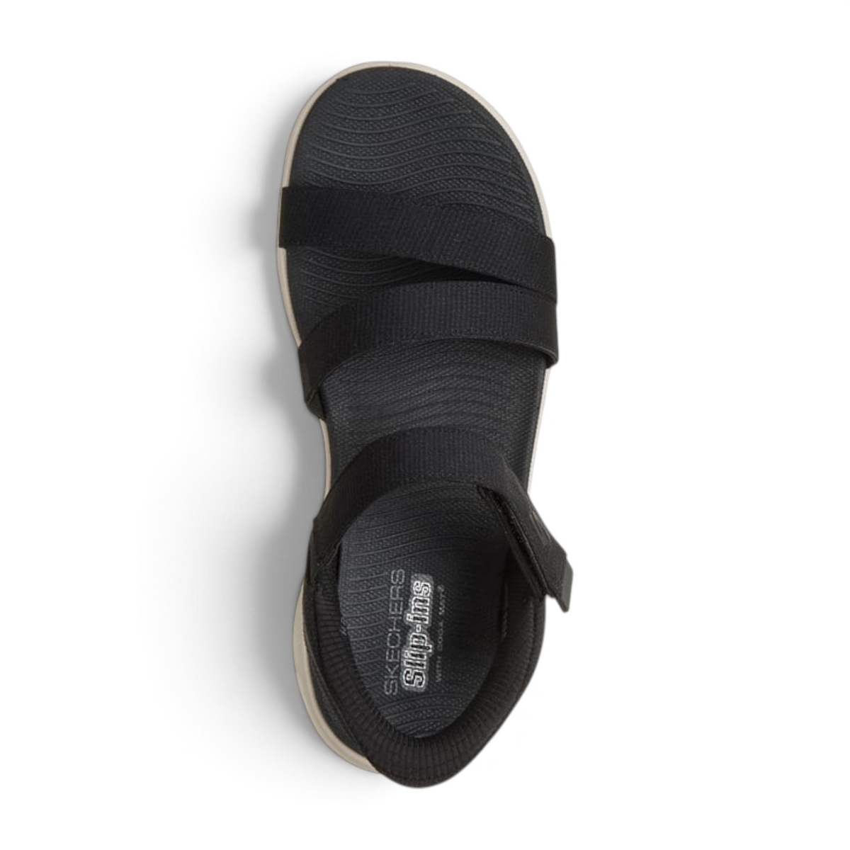 FRG Skechers GO WALK Glide-Step 2.0 Ella black and white vegan slip-in sandal with mesh straps and contoured footbed