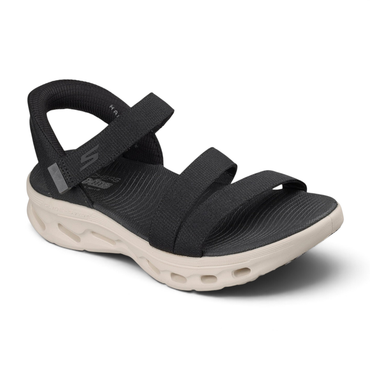 FRG Skechers GO WALK Glide-Step 2.0 Ella black and white vegan mesh quarter-strap sandal with cushioned midsole.
