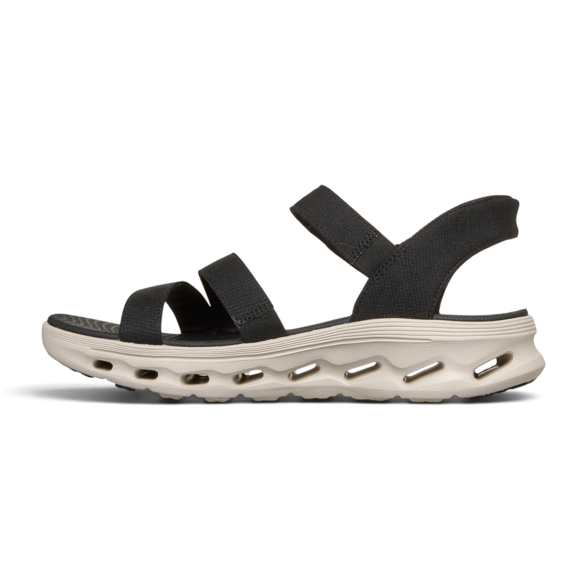FRG Skechers GO WALK Glide-Step 2.0 Ella black and white vegan quarter-strap sandal with cushioned geometric midsole.