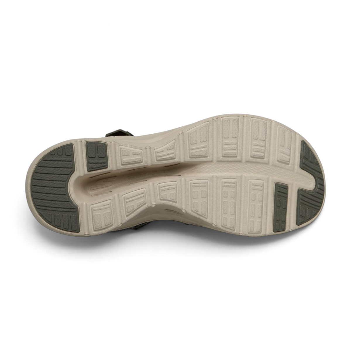 FRG Skechers GO WALK Glide-Step 2.0 sandal olive sole view showing geometric traction pattern and cushioned platform