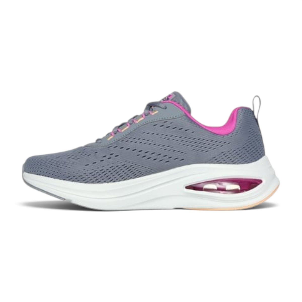 FRG Skechers Skech-Air Meta Aired Out grey athletic sneaker with pink accents and visible air cushioning