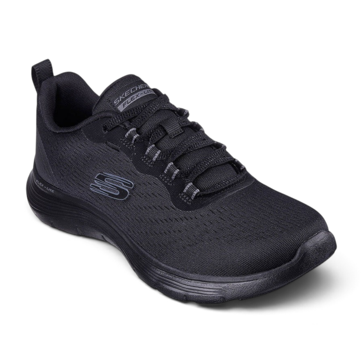 FRG Skechers Flex Appeal 5.0 black vegan lace-up sneaker with engineered mesh upper and cushioned memory foam insole