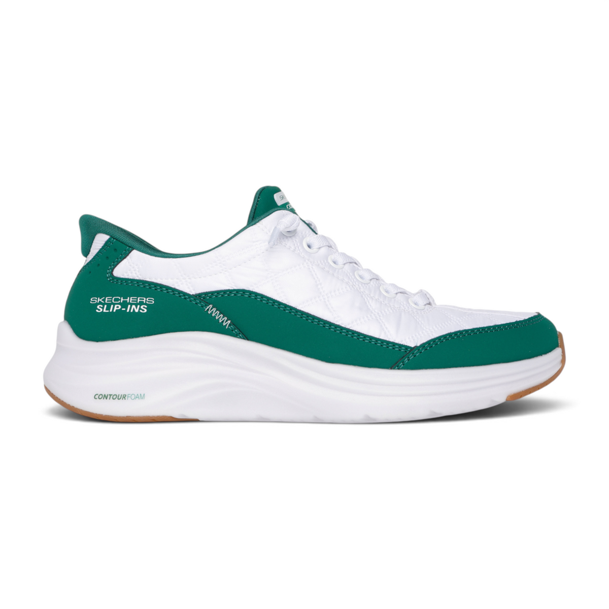 FRG Skechers Sports Cozy Fit Slip-Ins sneakers in white and green with a quilted texture and thick white foam sole.