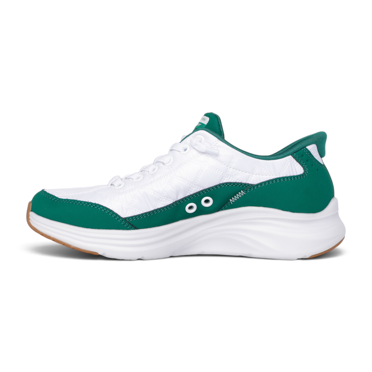 FRG Skechers Sports Cozy Fit Slip-Ins sneakers in white and green with a cushioned white midsole and gum outsole.