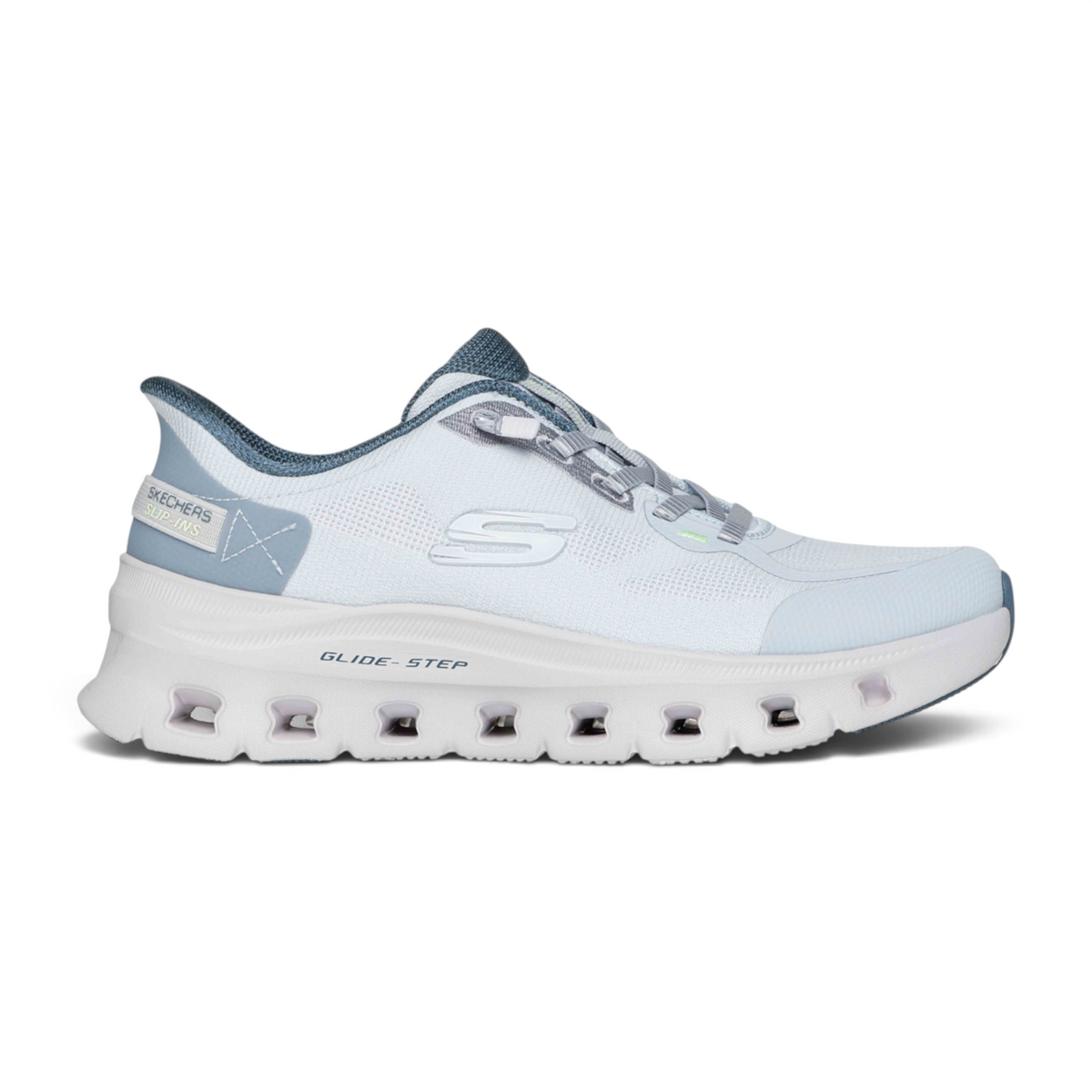 FRG Skechers Glide-Step Pro Pure Motion white and blue slip-in athletic sneaker with cushioned geometric sole